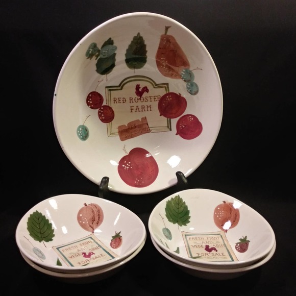 5 Pc 50s Serving Set Rooster Farm Scene bowls - Picture 1 of 15